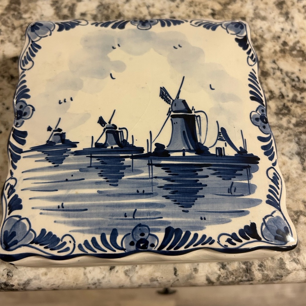Delft Elegant Blue and White Ceramic Tile with Windmill Design